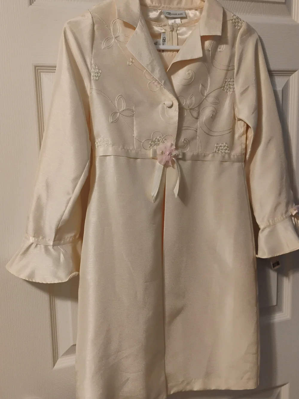Bonnie Jean Cream Satin Girls' Embroidered Overcoat with Matching Dress